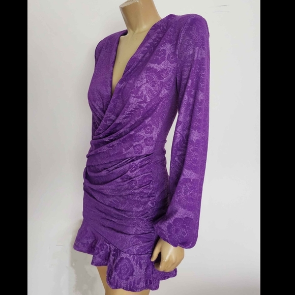 Zara Size S Small Brocade Purple Ruffle Edge Mini Dress Long Sleeves Beautiful - Picture 4 of 6